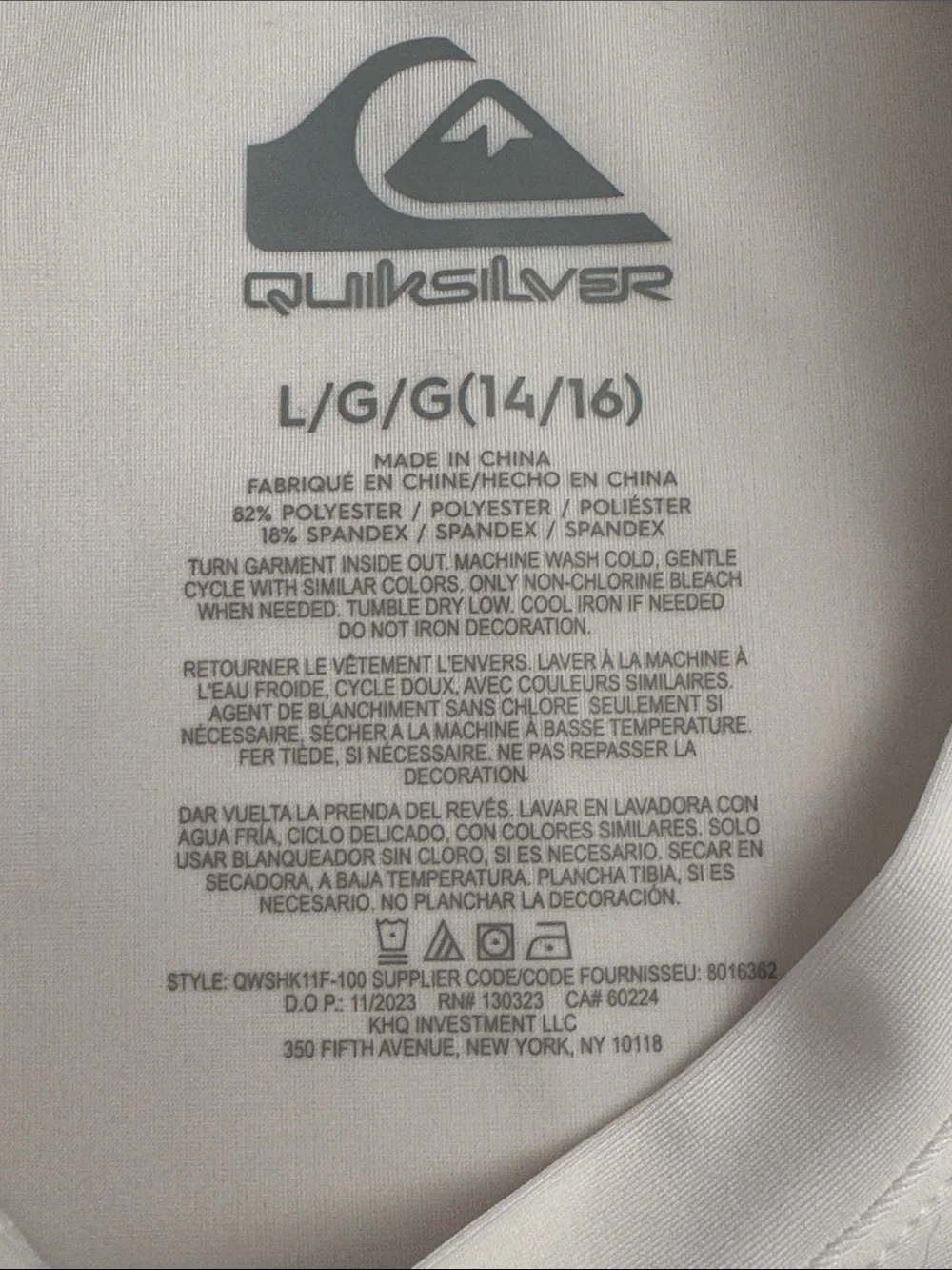 Quicksilver white rash guard L